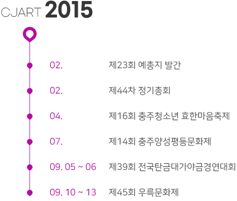 CJART 2015
02. 제23회 예총지 발간
02. 제44차 정기총회
04. 제16회 충주청소년 효한마음축제
07. 제14회 충주양성평등문화제
09. 05 ~ 06 제39회 전국탄금대가야금경연대회
09. 10 ~ 13 제45회 우륵문화제